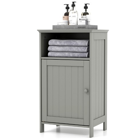 Tangkula Freestanding Bathroom Floor Storage Cabinet Wooden Storage Organizer Cupboard Shelf Grey