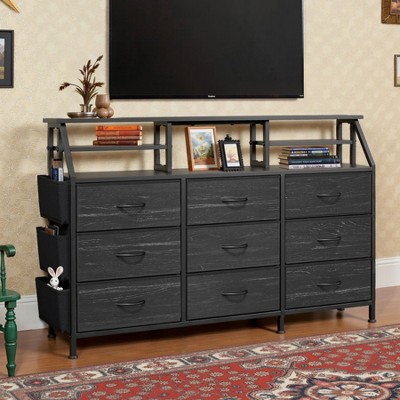 Sapphtopaz Rustic Dresser with 9 Fabric Drawers & Open Storage Shelves Farmhouse Drawer Organizer with Side Pocket Versatile Closet for Bedroom