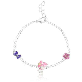 Sanrio Hello Kitty and Friends Womens Silver or 18kt Gold Plated Bracelet with Bow Charm Pendants - 6.5 + 1", Officially Licensed