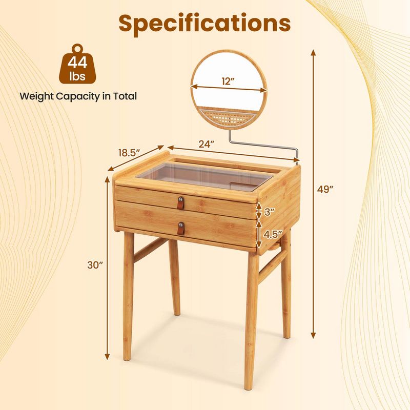 Costway Makeup Vanity Table with Adjustable Mirror Bamboo Dressing Table 2 Drawers, 3 of 10