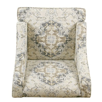 Geometric Patterned Off-White Swoop Arm Accent Chair with Wood Legs