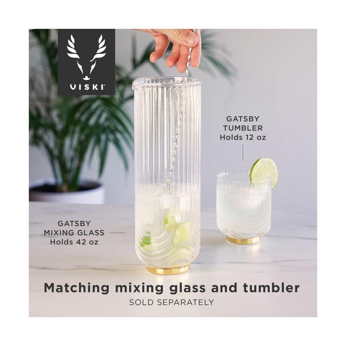 Viski Gatsby Vintage Cocktail Mixing Glass - Art Deco Ripple Glassware Arch Design, 47oz Gold Plated Base Crystal Mixing Glass - thumbnail 2