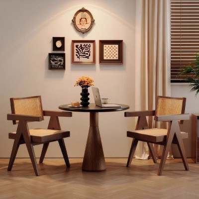 Set of 2 Mid-Century Rattan Dining Chairs with Armrests,Wooden Accent Chairs for Kitchen,Living Room,or Dining–The Pop Home