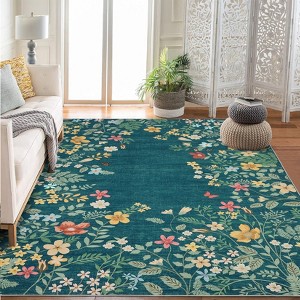 Washable Botanical Area Rugs Runner Rugs for Living Room, Non-Slip Soft Vintage Low Pile Floral Rug Carpet for Bedroom Dining Room Bedside Mud Room - 1 of 4