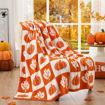 Snuggle Sac Ultra-Soft Microfiber Fall Checkered Pumpkin Maple Leaf Throw Blanket, Seasonal Decorative Accent