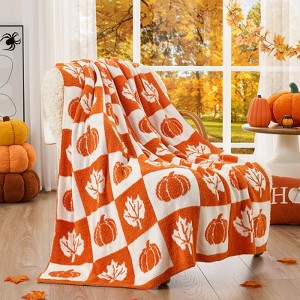 Snuggle Sac Ultra-Soft Microfiber Fall Checkered Pumpkin Maple Leaf Throw Blanket, Seasonal Decorative Accent - 1 of 4
