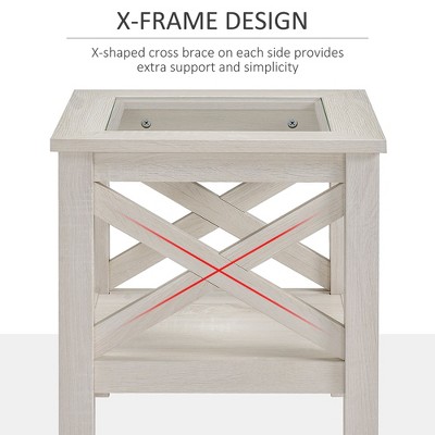White Oak Farmhouse End Table with Glass Top and Storage Shelf