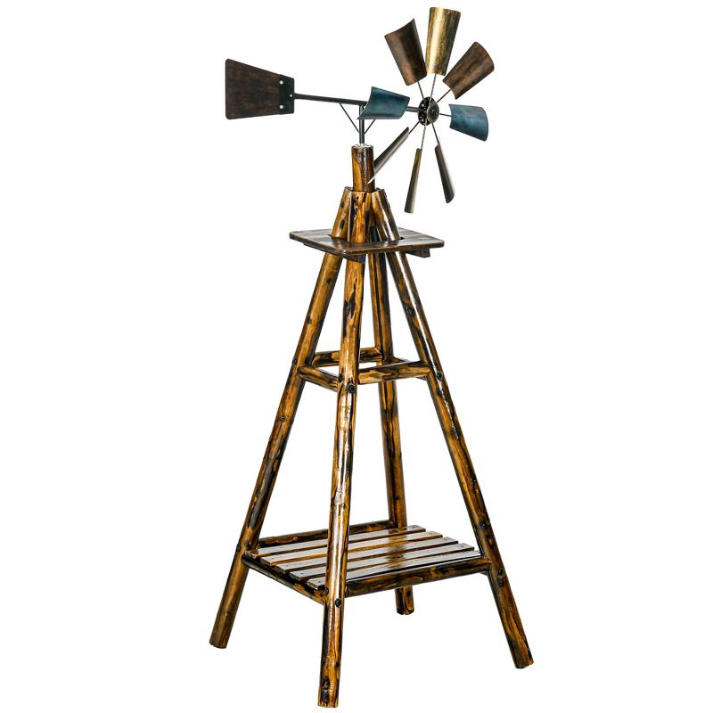 Outsunny Freestanding Windmill Weathervane with Bottom Shelf, Weather Vane with Windmill Head, Stained Wood, 1 of 7