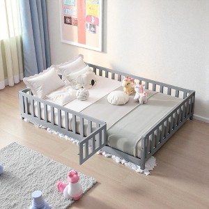 Mshliw Full Size Montessori Floor Bed with Fence and Door, Wooden Platform Bed Frame with Slats for Kids and Toddlers Bedroom - 1 of 4
