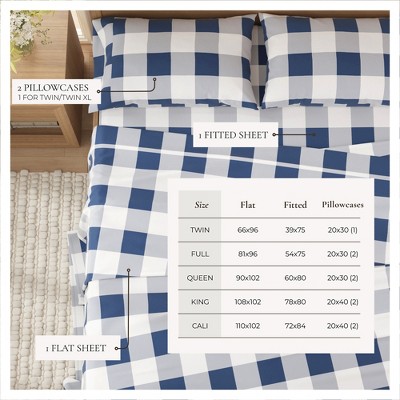 Queen Navy Buffalo Check Cotton Flannel Sheet Set