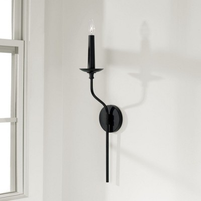 Matte Black Steel Candle Wall Sconce with Faux Wood Sleeve