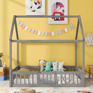 CAVINAS Full Size Wood Montessori Bed,Modern Integral Constructed Floor Bed with Super High Security Barrier and Door,Toddler Bed for Bedroom - 1 of 4