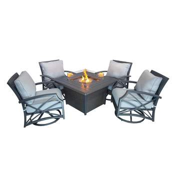 Kinger Home Ethan 5-Piece Rattan Wicker Propane Fire Pit Set with an Aluminum Frame