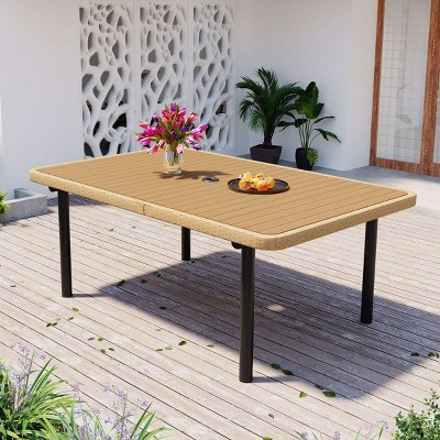 59" Rectangular Patio Dining Table with Umbrella Hole, Natural Polywood Garden Dining Table, Wicker Metal Frame Outdoor Dining Table for 6-Coolbibila
