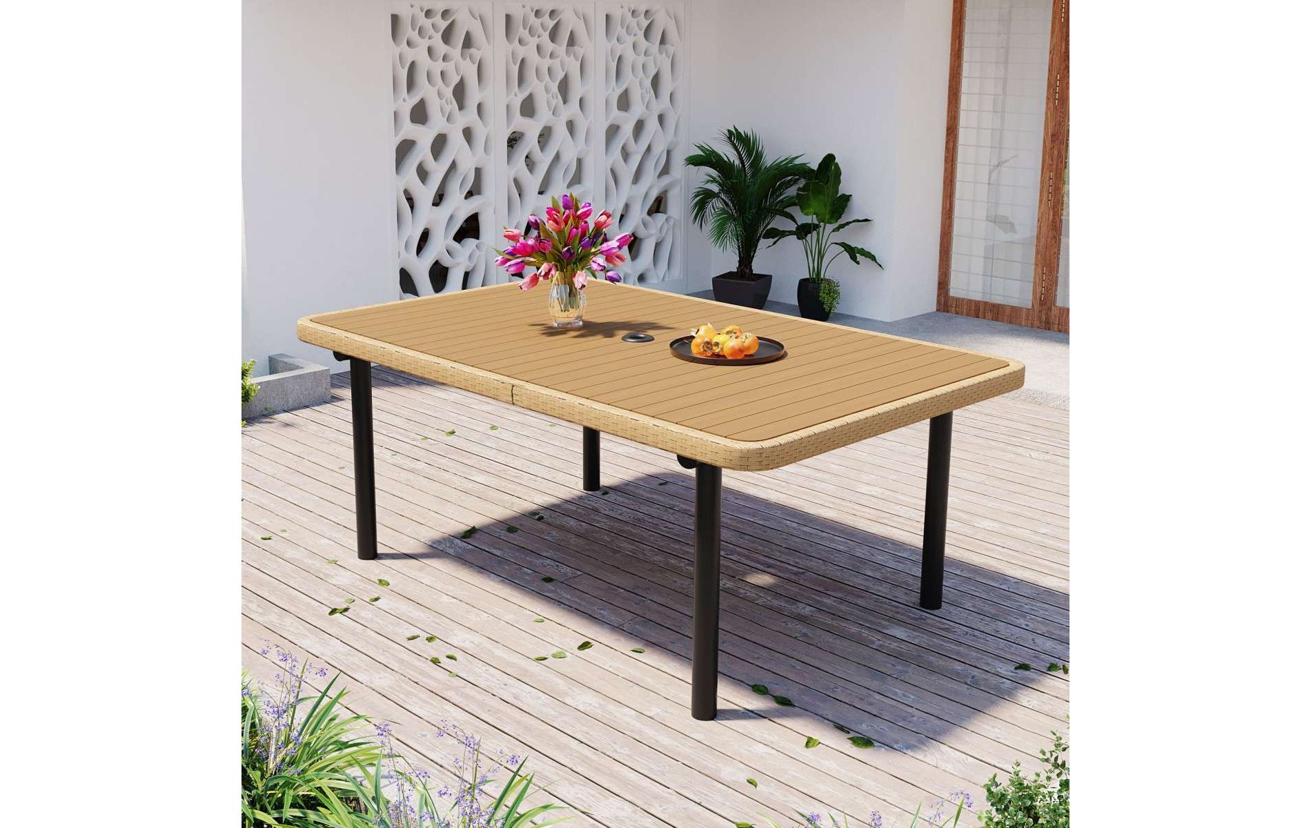 59" Rectangular Patio Dining Table with Umbrella Hole, Natural Polywood Garden Dining Table, Wicker Metal Frame Outdoor Dining Table for 6-Coolbibila