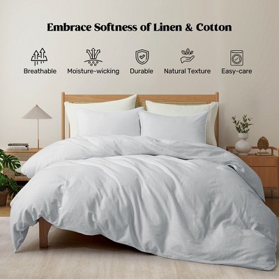 Peace Nest Classic Linen Cotton Bedding Set, Woven 55% Linen 45% Cotton Duvet Cover and Pillow Shams, Soft & Breathable, Light Gray, King