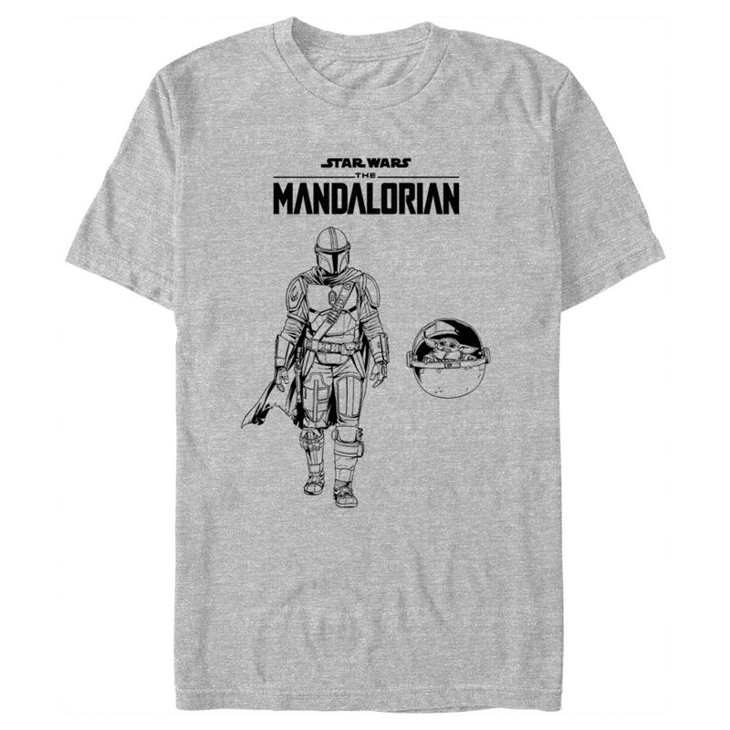 Men's Star Wars: The Mandalorian Grogu and Din Djarin Black and White Sketch T-Shirt, 1 of 6