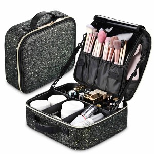 Byootique Portable Glitter Makeup Train Case Brush Holder Cosmetic Bag Travel Black - 1 of 4