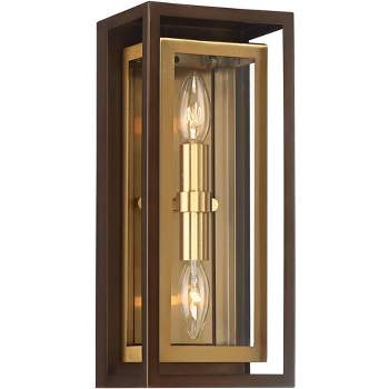 Possini Euro Design Modern Mid Century Outdoor Wall Light Fixture Oil Rubbed Bronze Brass 14" Double Box Glass for Exterior Barn Deck House Porch Yard