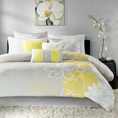 King Gray and Yellow Floral Cotton Comforter Set