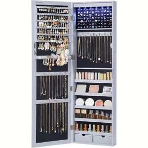 6 LEDs Mirror Jewelry Cabinet, Tall Lockable Wall or Door Mounted Jewelry Armoire Organizer - 1 of 4