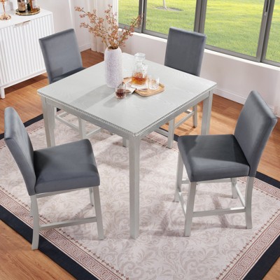Aukfa 5 Piece Counter Height Dining Table Set with 4 Upholstered Chairs for Kitchen, Dining Room,Silver grey