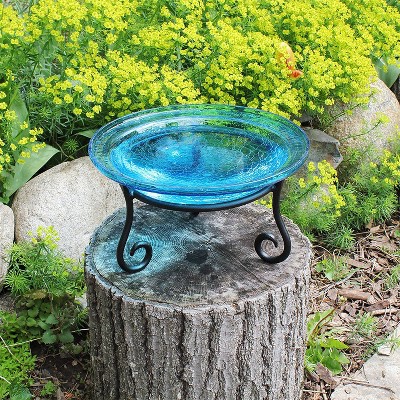Teal Crackle Glass Birdbath Bowl with Wrought Iron Stand