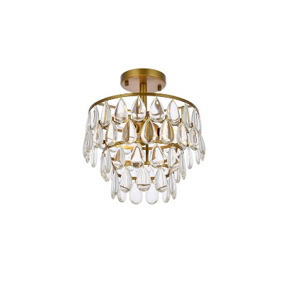 Brass and Crystal 12'' Flush Mount Light with Clear Teardrop Crystals
