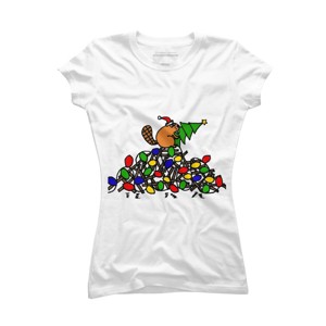 Junior's Design By Humans Cool Christmas Beaver dding Lights to Dam By SmileToday T-Shirt - 1 of 3