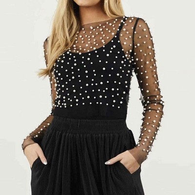 Chic Long Sleeve Sheer Top with Pearl Details - Non-Stretch Polyamide Layering Essential Cherie Code