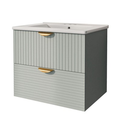 24" Wall Mounted Bathroom Vanity with Sink Floating Vanity 2 Drawers Bathroom Cabinet with White Ceramic Integrated Sink, Ideal-Green