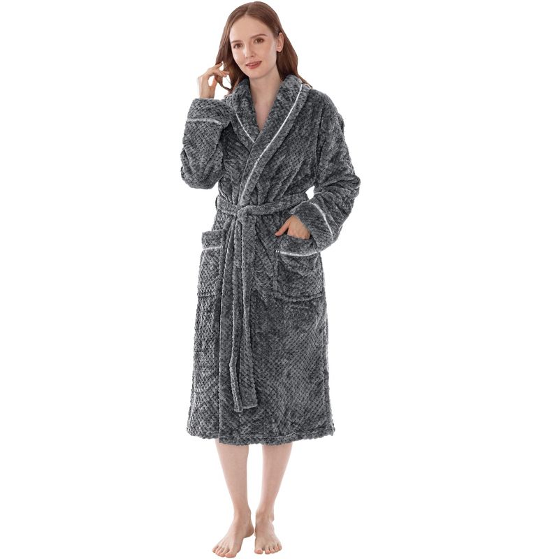 PAVILIA Women Plush Fleece Robe, Soft Textured Bathrobe, Lady Cozy Spa Long Robes, Fuzzy Satin Waffle Trim, 1 of 9