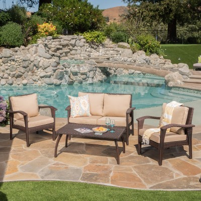 FIONECA 4-Piece PE Wicker Outdoor Furniture Set with Cushions, Patio Sofa Set with Table for Backyard, Porch, or Garden, Brown