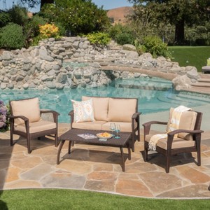 FIONECA 4-Piece PE Wicker Outdoor Furniture Set with Cushions, Patio Sofa Set with Table for Backyard, Porch, or Garden, Brown - 1 of 4