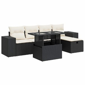 vidaXL 6 Piece Patio Sofa Set with Cushions Black Poly Rattan - Black and Cream with Storage - 1 of 4