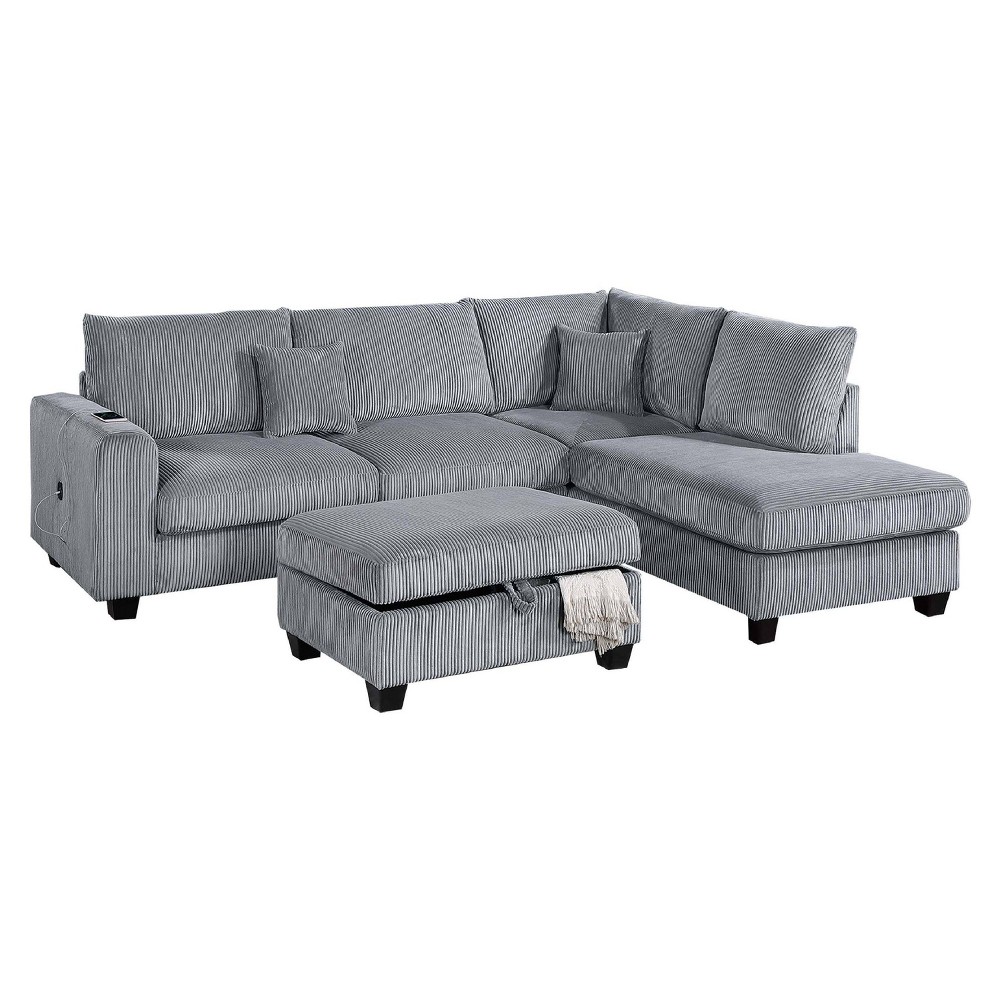 Benzara Roe 3pc Sectional Sofa Set w Chaise Ottoman 2 Pillows Fog Gray