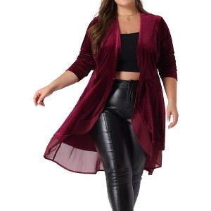 Agnes Orinda Women's Plus Size Velvet Layered Mesh Hem Open Front Long Sleeve Cardigans - 1 of 4