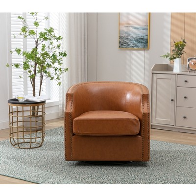 LOVMOR 360 Degree Swivel Accent Chair,Waterproof Oil Waxed PU Leather Swivel Armchair w/Solid wood frame & rotating turntable,Beige