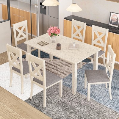 VECELO Farmhouse Style 7-Piece Dining Table Set for 6, Rubber Wood Table with 6 Upholstered Dining Chairs, Gray