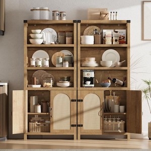 70" Tall Farmhouse Bookshelf with Rattan Doors, 3-Tier Open Bookcase with Adjustable Shelves, Floor Standing Storage Cabinet - 1 of 4