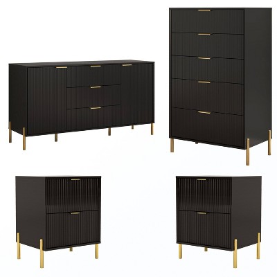 Festivo 4pc Modern Elegance Bedremm Chest and Dresser and 2 Drawer Nightstands Set Black