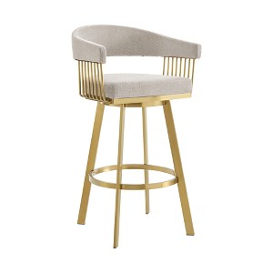 HomeRoots 26" Taupe and Gold Fabric and Stainless Steel Low Back Counter Height Swivel Bar Chair - 1 of 4