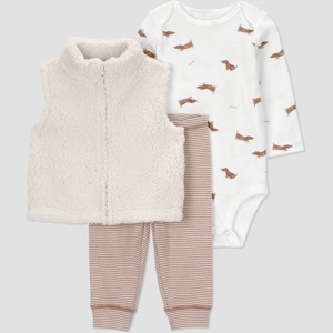 Carter's Just One You® Baby Boys' 3pc Dog Faux Shearling Vest with Bodysuit and Jogger Pants Set - Cream - 1 of 4
