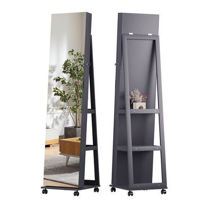 Vlsrka 360° Rotating LED Jewelry Armoire with Lock, Full Length Mirror, Large Floor Standing Organizer with Shelves