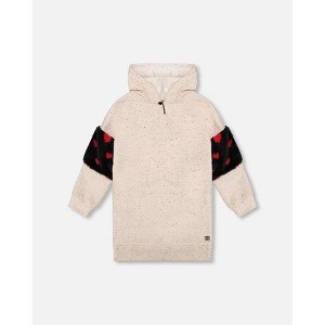 Deux par Deux Girl Hooded Glittering French Terry Dress Beige with Heart Bag - 1 of 4