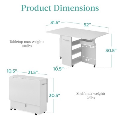 White Multipurpose Folding Table with Wheels and Storage Shelves