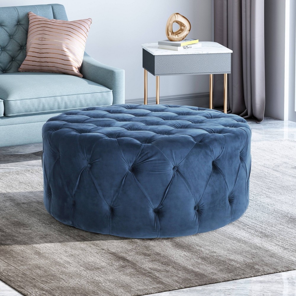 Photos - Pouffe / Bench Christopher Knight Home Orla Modern Glam Round Ottoman Blue: Velvet Upholstered, Tufted, No Assembly