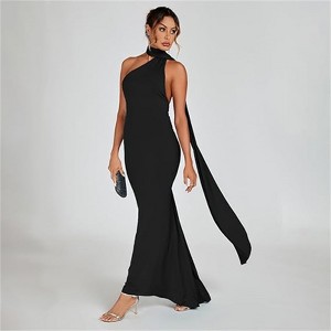 Clotth Women's Halter Neck Dress - Ring Linked Ruched Backless Dress, Sexy Bodycon Sleeveless Open Back Maxi Dress, Black - 1 of 4