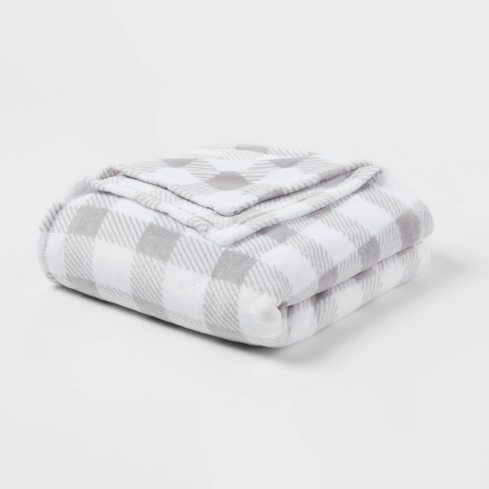 Value Plush Holiday Print Blanket Gray Buffalo Check - Wondershop