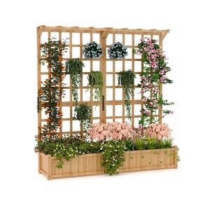 2-Tier Wood Planter Box w/Trellis & Roof - 1.4ft Deep Raised Garden Bed for Climbing Plants, Veggies & Flowers - Outdoor Use w/8 Drainage Holes - 1 of 4
